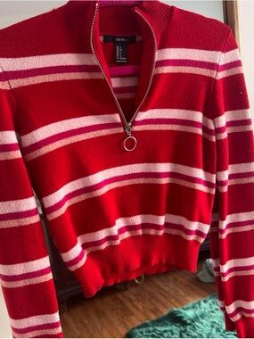 Forever 21 Red Striped Zip-Up Turtleneck Sweater